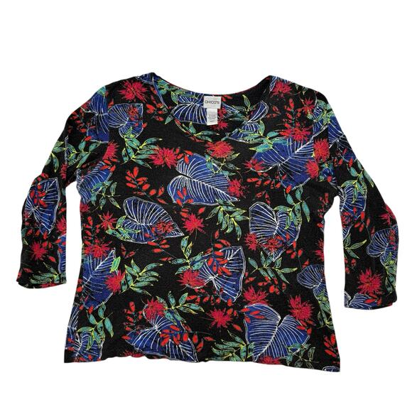 CHICOS Black Tropical Floral Rayon Blend 3/4 Sleeve Top Size Large (2) Pullover - Picture 4 of 11